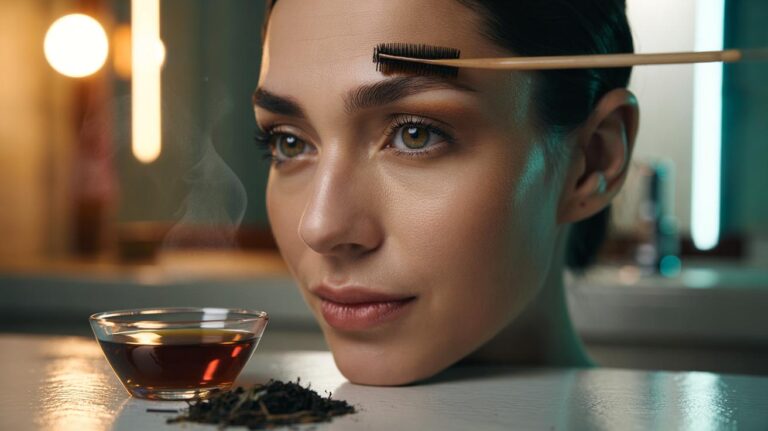 Illustration of a person applying a concentrated black tea soak to thinning eyebrows with a spoolie, as tannins gently darken and enhance each hair