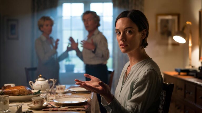 Illustration of an adult calmly repeating a boundary phrase to guilt-tripping parents during a family conversation