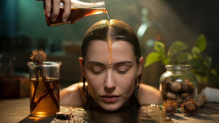 Illustration of a burdock root rinse being applied to the scalp to reduce flakes and itch