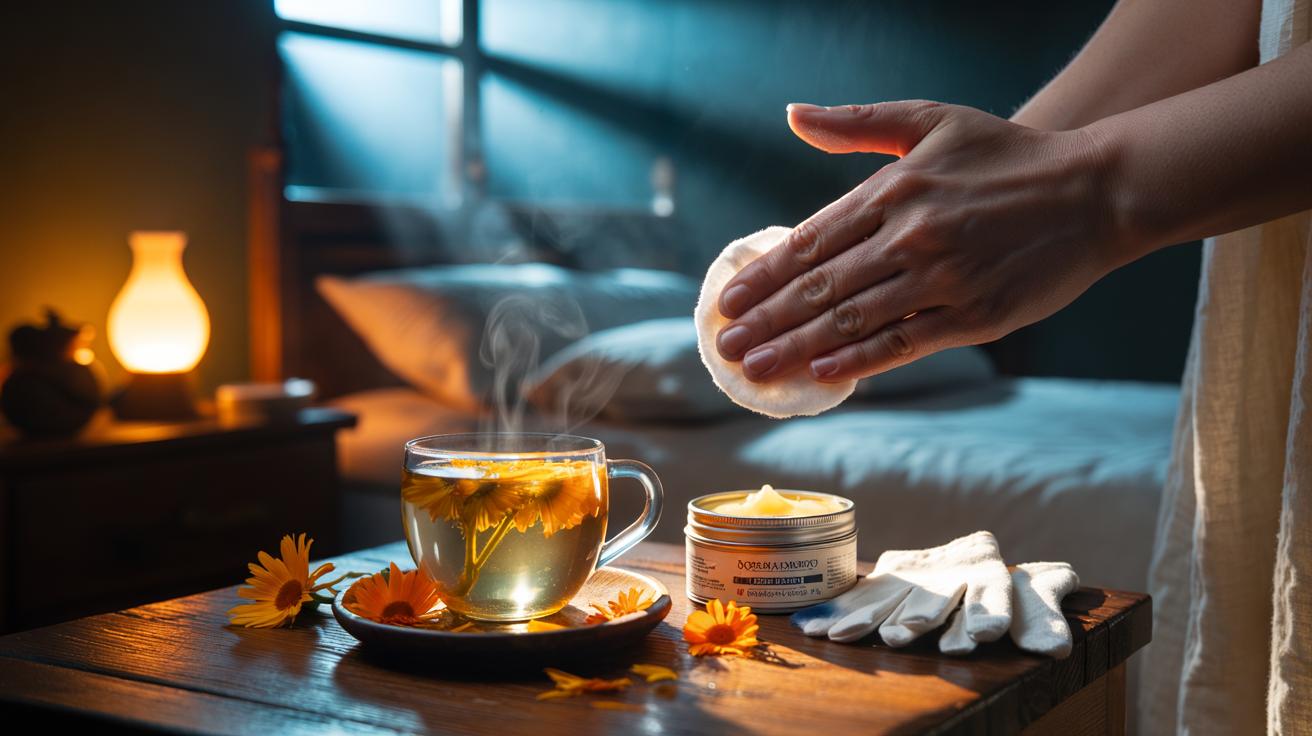 Illustration of calendula petals steeping in hot water and the infusion applied to chapped hands before sleep