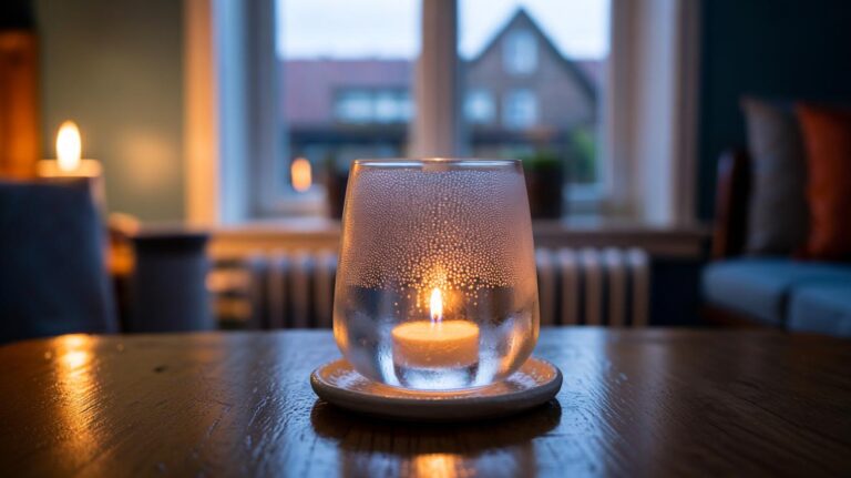 Illustration of a lit candle placed behind an ice-cold glass of water with visible condensation, demonstrating a quick indoor humidity test