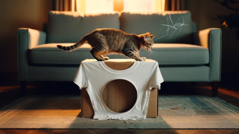 Illustration of a cat using a cardboard box covered with an old T-shirt as a scratcher near a sofa