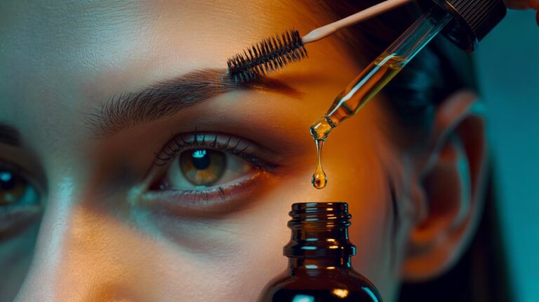 Illustration of [applying castor oil to sparse eyebrows to promote fuller-looking brows through ricinoleic acid]