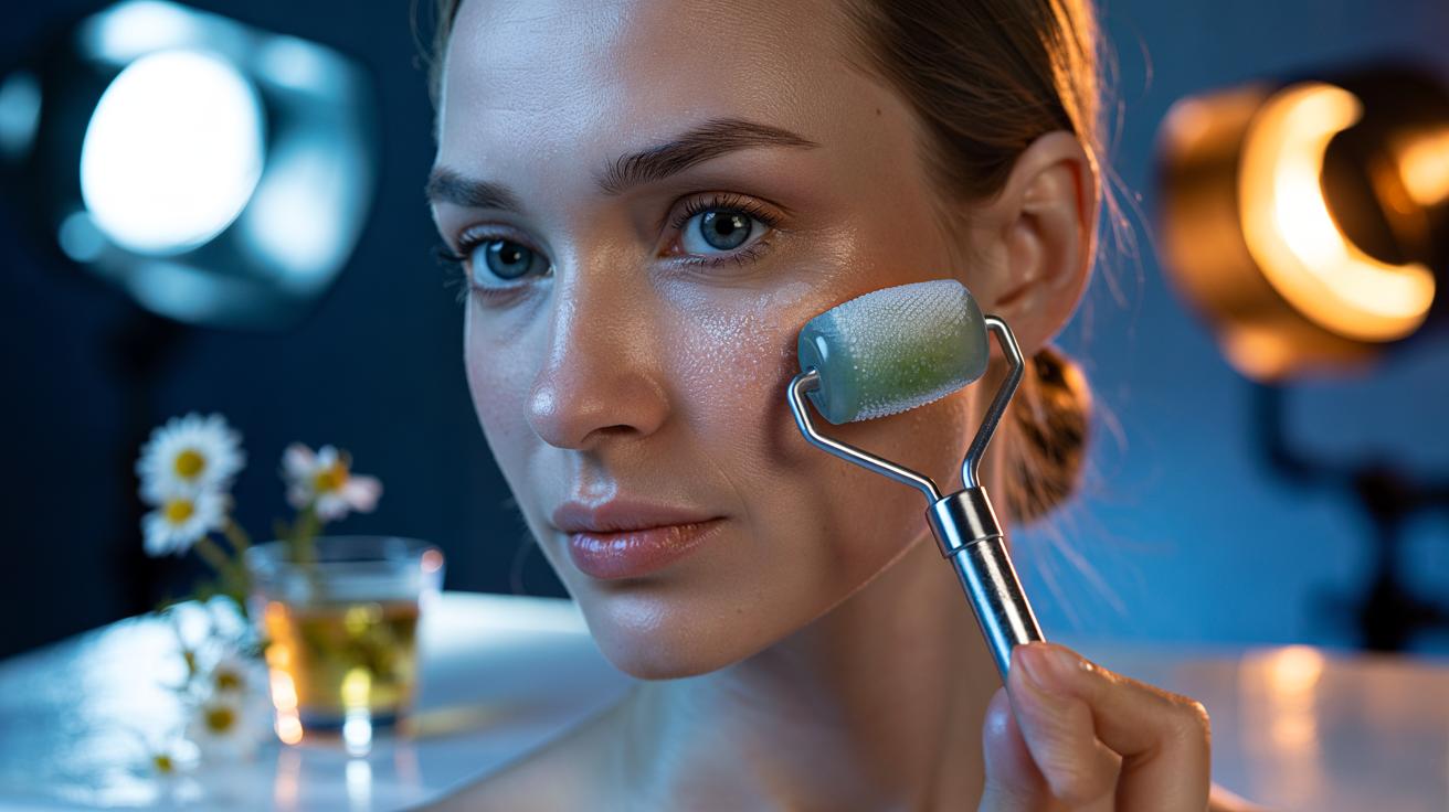 Illustration of a chamomile-infused ice roller gliding along the cheek to de-puff and calm skin before photos