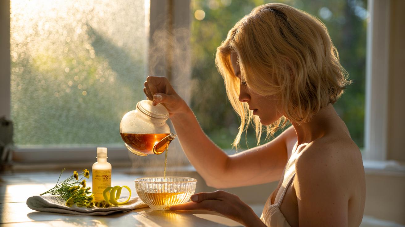Illustration of a blonde woman pouring a chamomile tea rinse over her hair, with dried chamomile flowers and a steeped infusion in a clear bowl
