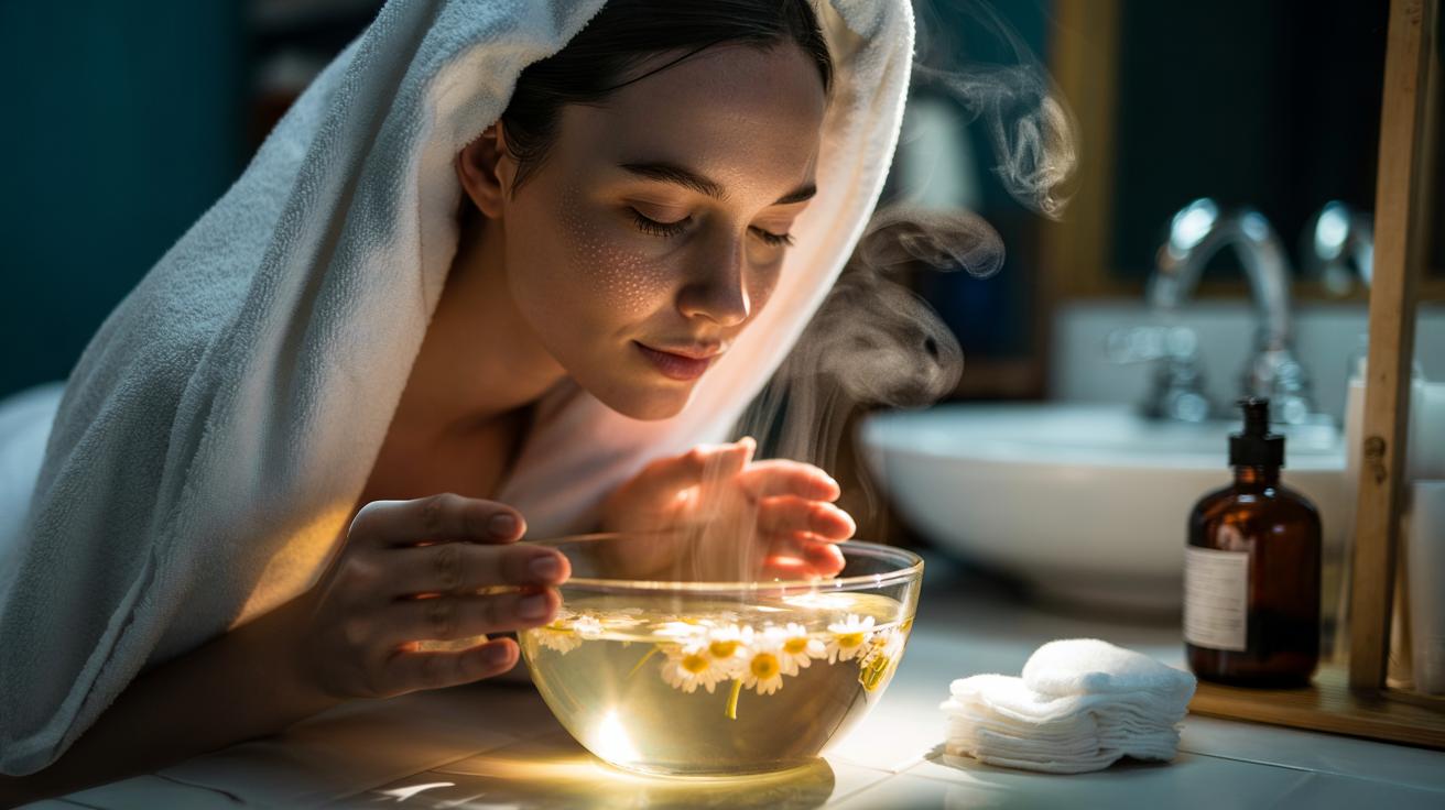 Illustration of a person performing a chamomile facial steam over a bowl of hot water under a towel tent, preparing skin for gentle cleansing