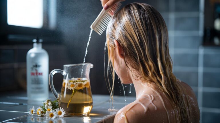 Illustration of a blonde person rinsing hair with a chamomile tea and vodka mixture to reduce brassiness