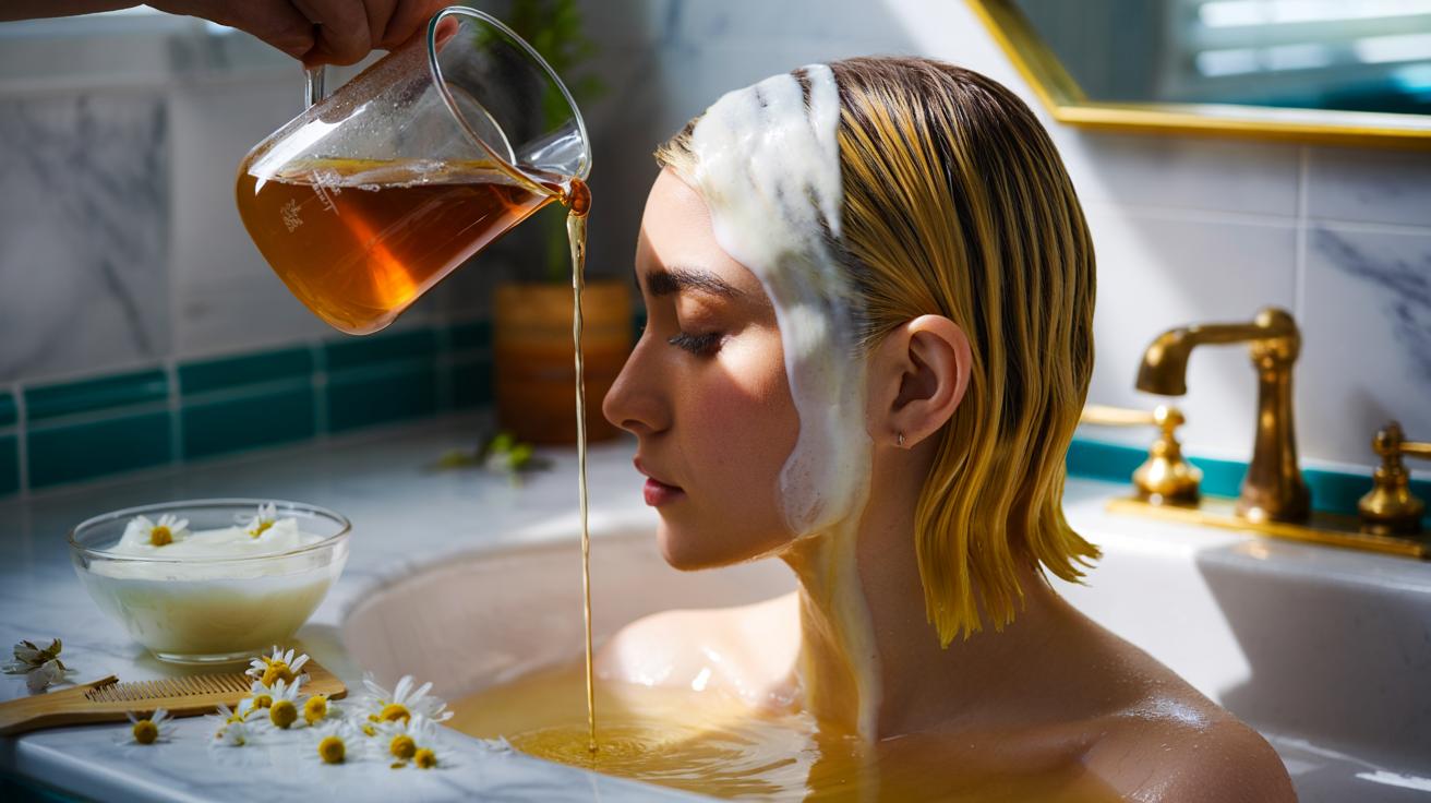 Illustration of a chamomile and yogurt hair rinse applied to yellow-blonde hair to neutralise brassiness fast