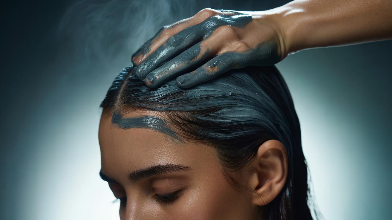 Illustration of activated charcoal scalp paste being massaged into the scalp to detox buildup and absorb oils