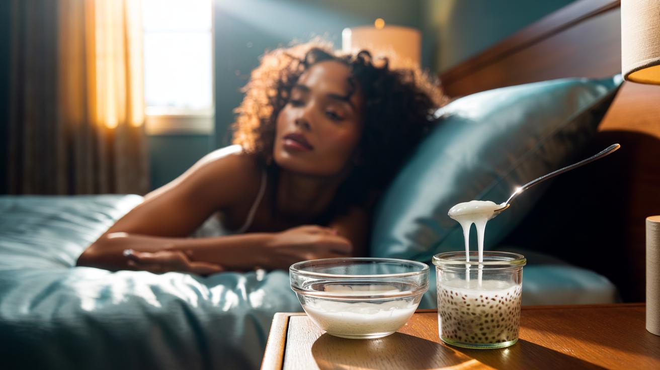 Illustration of chia seed gel applied to damp curly hair before bedtime, showing omega-3-powered hydration and flexible curl hold by morning