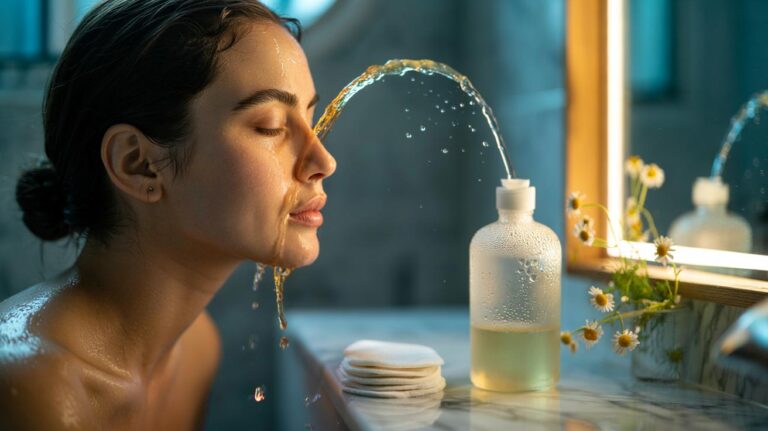 Illustration of a person splashing chilled chamomile tea on the face as a gentle pore-tightening toner