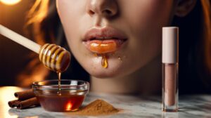 Illustration of a cinnamon and honey lip plumper being applied to lips
