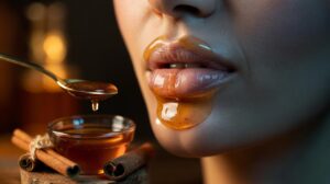 Illustration of a cinnamon and honey mask applied to lips to boost blood flow gently for overnight plumping