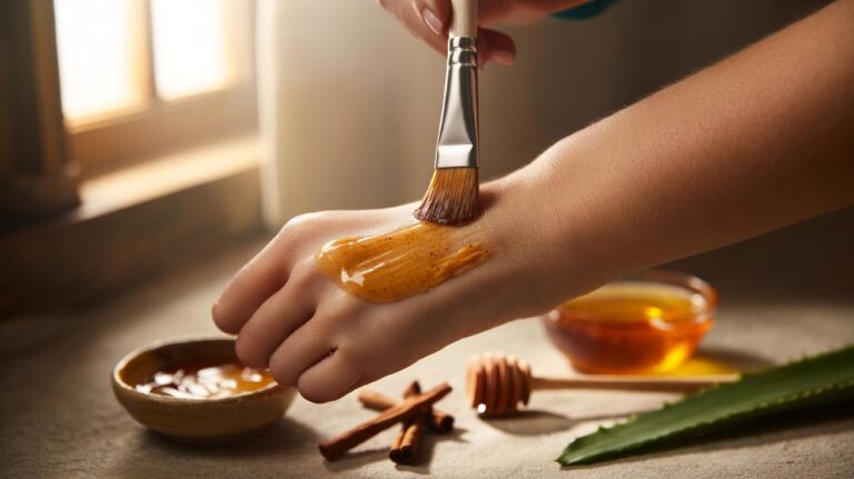 Illustration of a cinnamon and honey mask being applied to body hair on the forearm to gently lighten it
