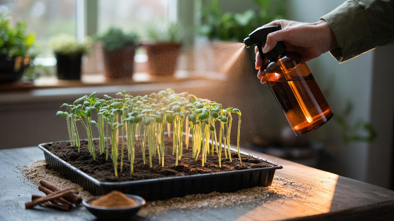 Illustration of a gardener misting seedling trays with a cinnamon water spray to prevent damping off