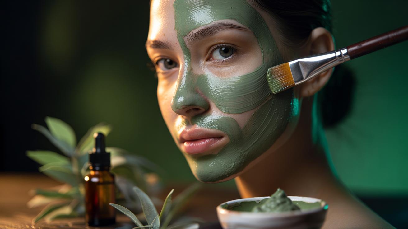 Illustration of a tea tree clay mask being applied to acne-prone skin to draw out impurities
