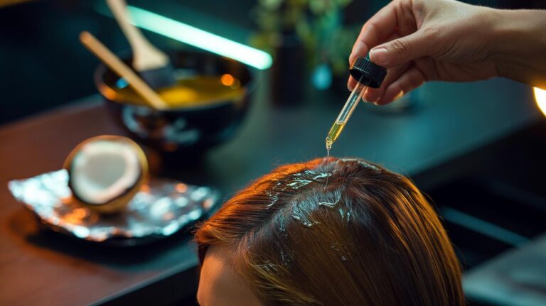 Illustration of a person applying virgin coconut oil to hair before colouring, forming an invisible shield to reduce damage by up to 80%