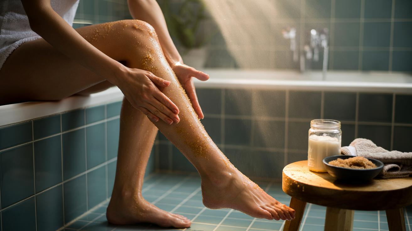 Illustration of a person exfoliating their legs with a coconut oil and brown sugar scrub to remove dead skin and moisturise for a natural glow