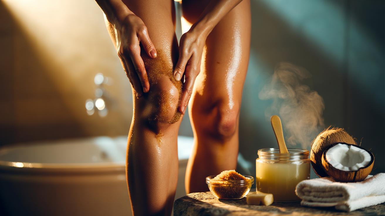 Illustration of a coconut oil and brown sugar scrub being applied to dull knees to remove dead skin