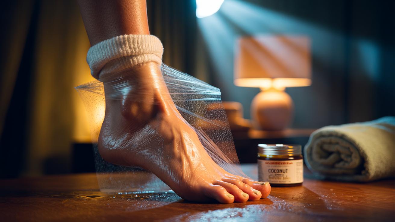 Illustration of cracked heels wrapped in cling film over coconut oil, covered with cotton socks to seal in overnight warmth and moisture
