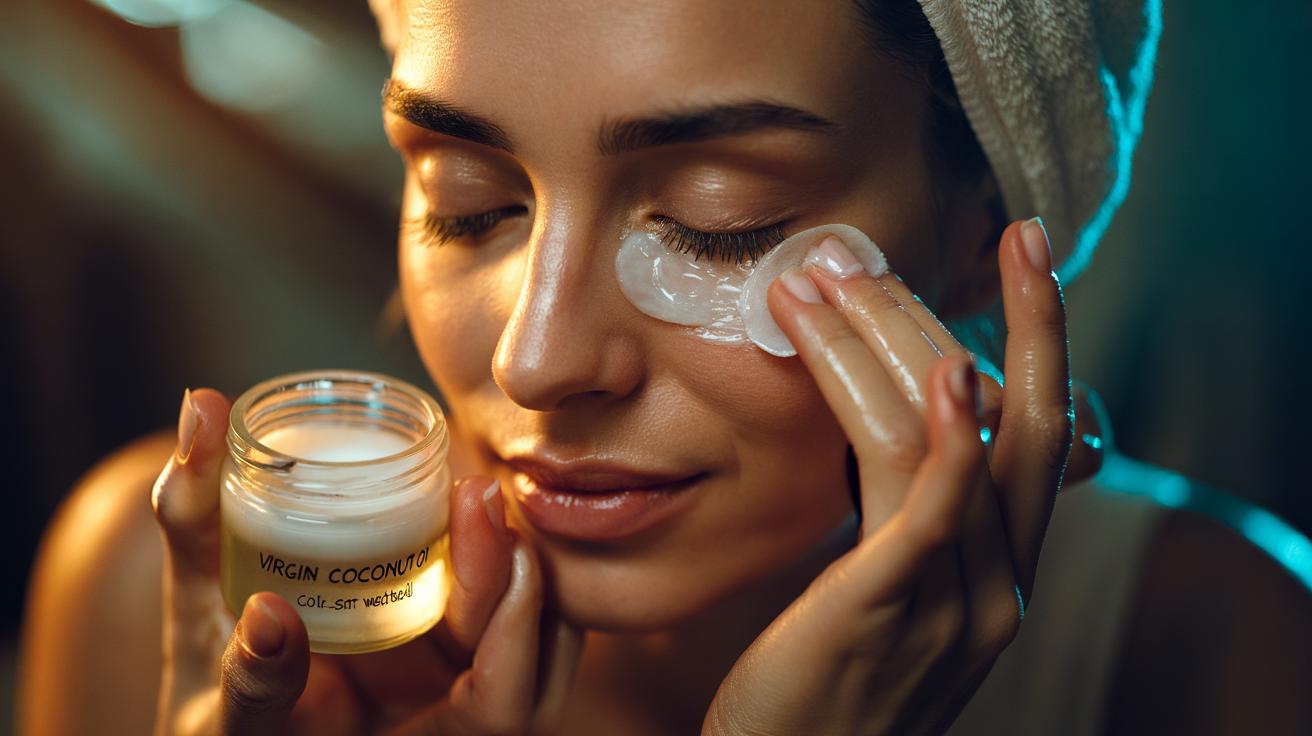 Illustration of coconut oil makeup remover melting mascara gently without stinging the eyes