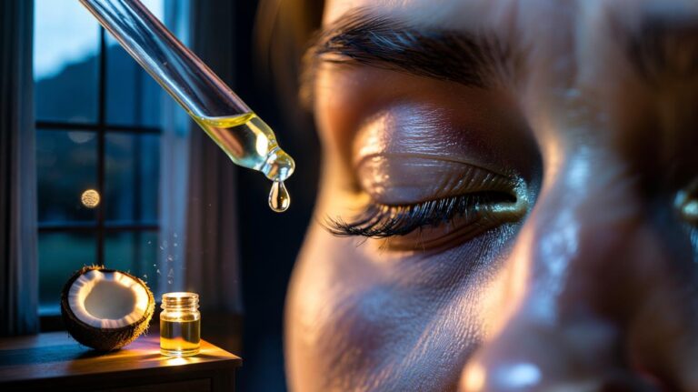 Illustration of applying coconut oil to eyelashes at night to nourish follicles with fatty acids