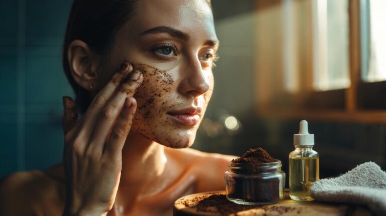 Illustration of a person massaging a fine used coffee grounds scrub onto damp facial skin to refine the look of pores and boost circulation for a healthy glow