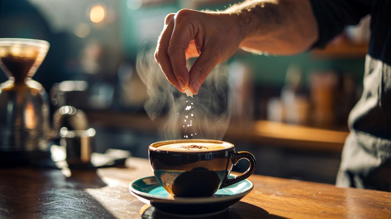 Illustration of a barista sprinkling a pinch of salt into a steaming cup of coffee to create a richer, smoother brew