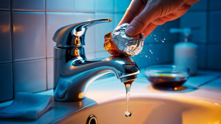 Illustration of a chrome tap being polished with a cola-dipped aluminium foil ball