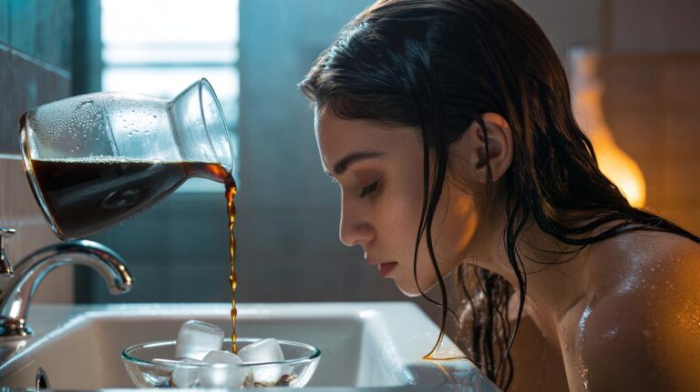 Illustration of a cold coffee rinse being poured over dark hair to seal cuticles and add instant shine