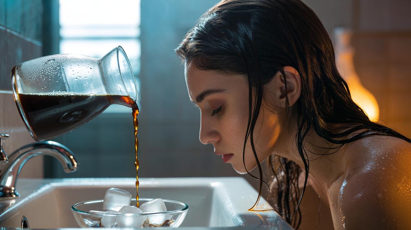 Illustration of a cold coffee rinse being poured over dark hair to seal cuticles and add instant shine