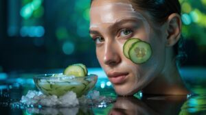 Illustration of a chilled cucumber face mask applied to the skin to instantly tighten skin and reduce the appearance of large pores