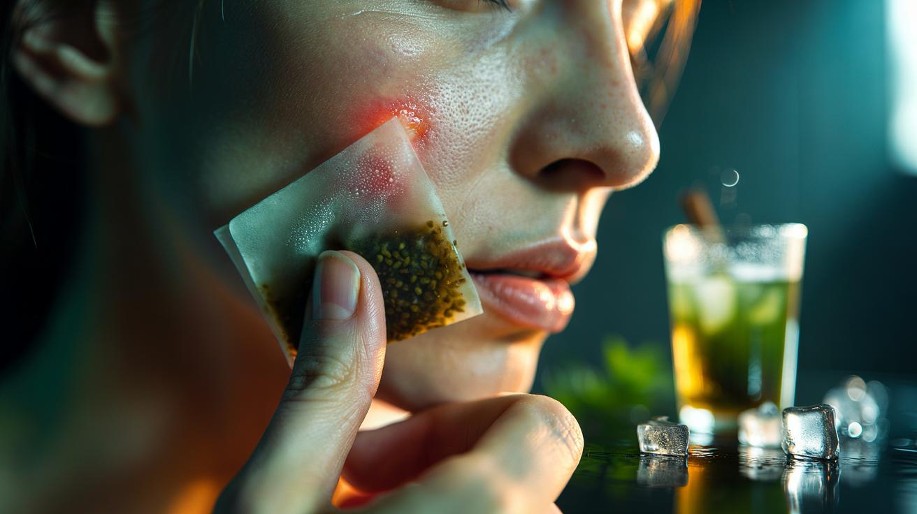 Illustration of a cold green tea bag being gently applied to an inflamed facial spot to reduce redness and swelling