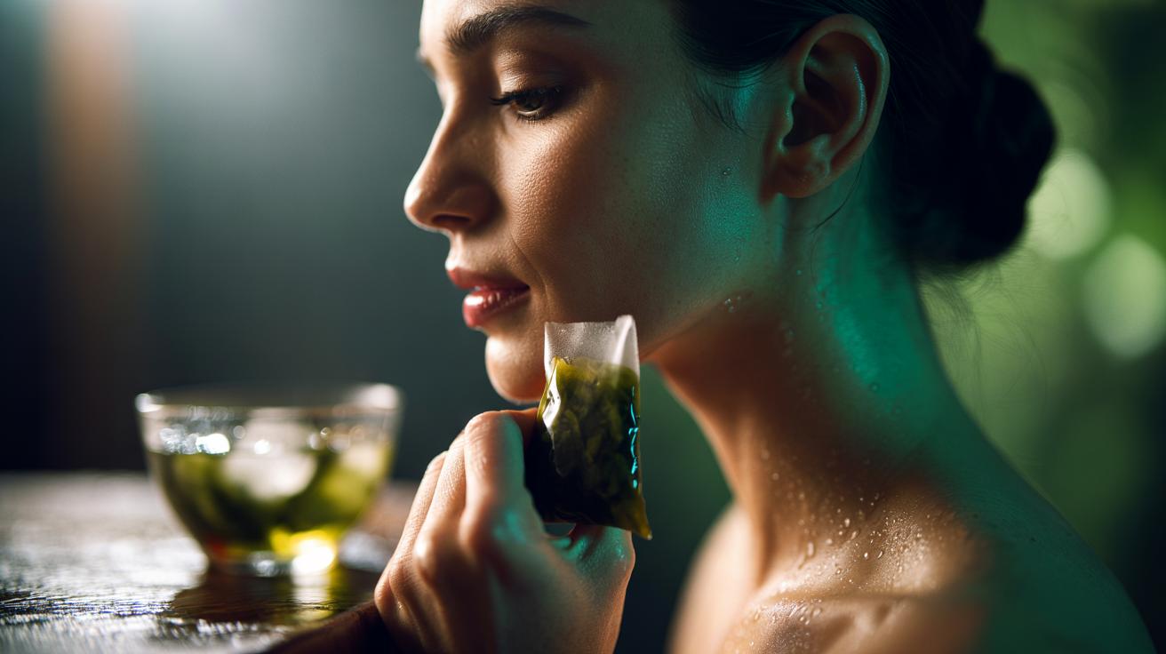 Illustration of a person pressing a cold green tea bag to the neck to temporarily tighten sagging skin