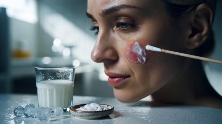 Illustration of a cold milk and crushed aspirin paste being applied to a cystic acne blemish