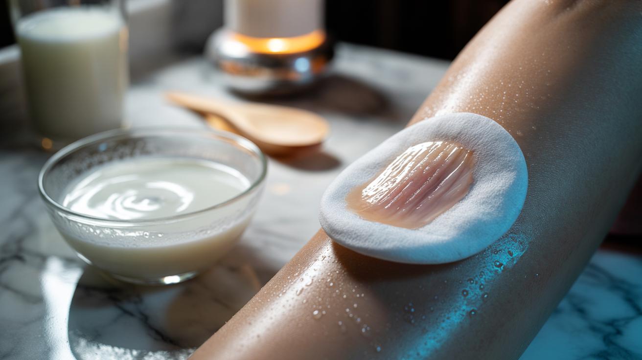 Illustration of a cold milk compress applied to freshly waxed skin to reduce redness, highlighting lactic acid’s soothing effect