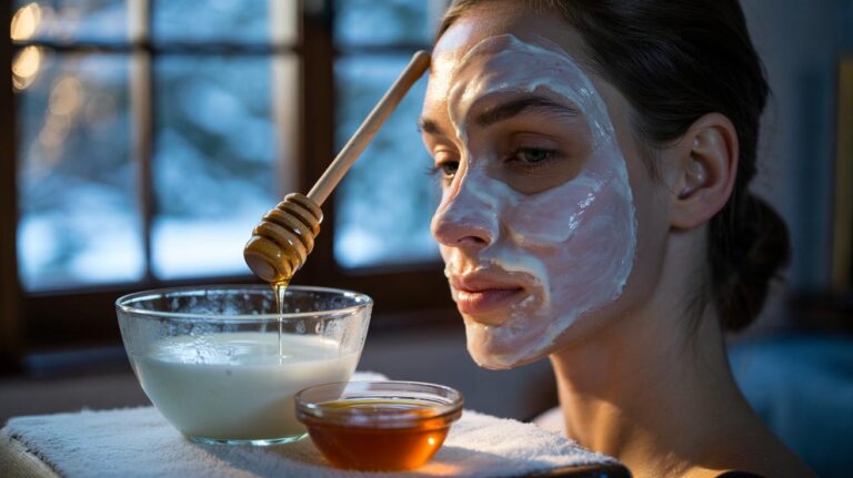 Illustration of a person applying a chilled milk and honey mask to hydrate dry winter skin and restore glow with nourishing fats