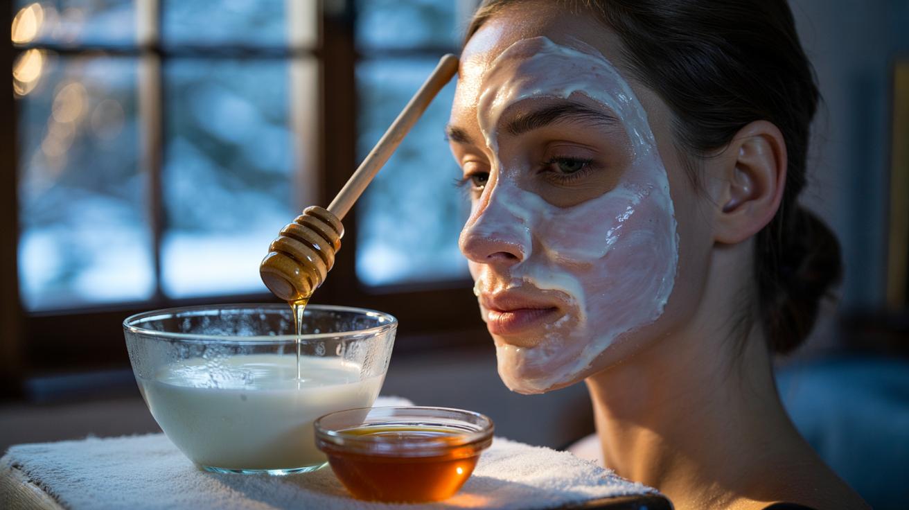 Illustration of a person applying a chilled milk and honey mask to hydrate dry winter skin and restore glow with nourishing fats