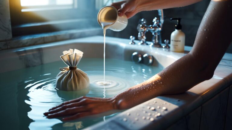 Illustration of a cold milk and oats bath to soothe keratosis pilaris (chicken skin), showing milk being poured and an oats-filled muslin bag in cool water where lactic acid helps smooth bumps