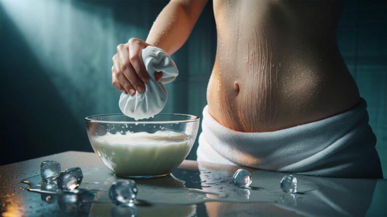 Illustration of a cold milk soak being applied to stretch marks to gently fade silver lines using lactic acid