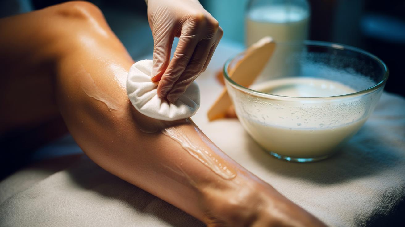 Illustration of a cold milk compress applied to freshly waxed, reddened skin to calm irritation with lactic acid and cooling
