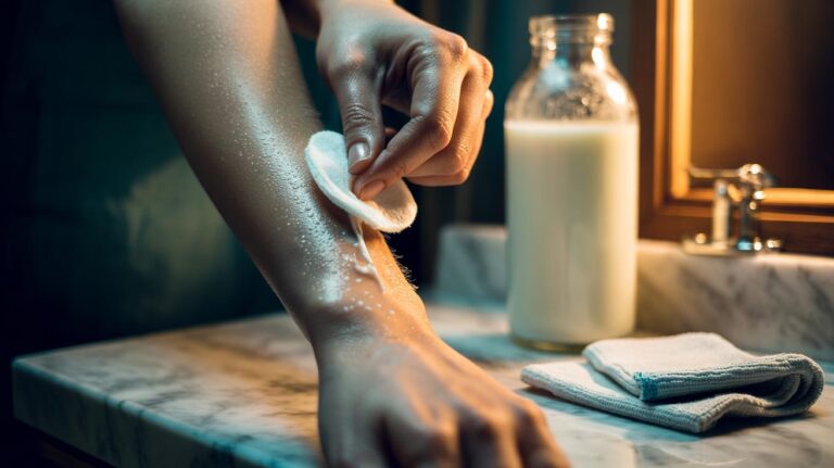 Illustration of a cold milk splash being applied to streaky fake tan on skin to gently lift colour with lactic acid