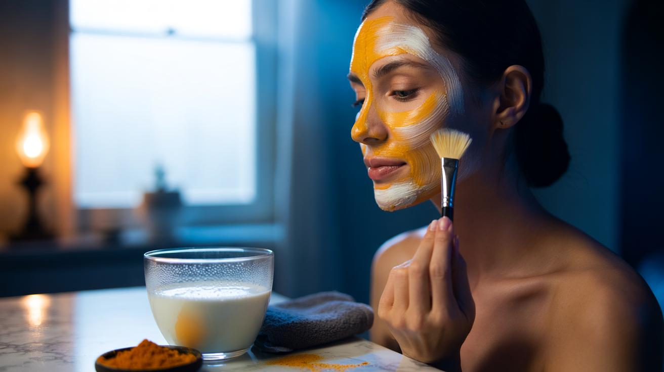 Illustration of a cold milk and turmeric face mask being prepared and applied in an evening skincare routine to gently fade pigmentation