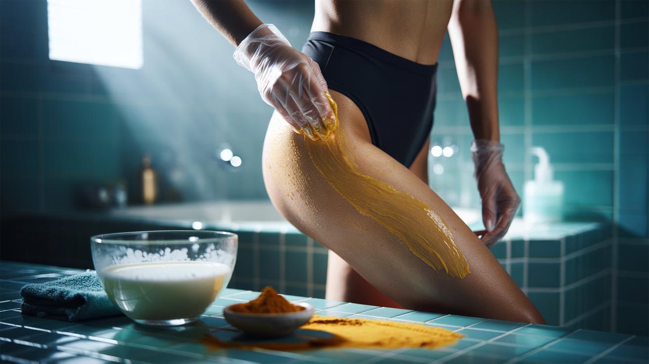 Illustration of cold milk and turmeric paste being applied to the bikini line to fade hyperpigmentation