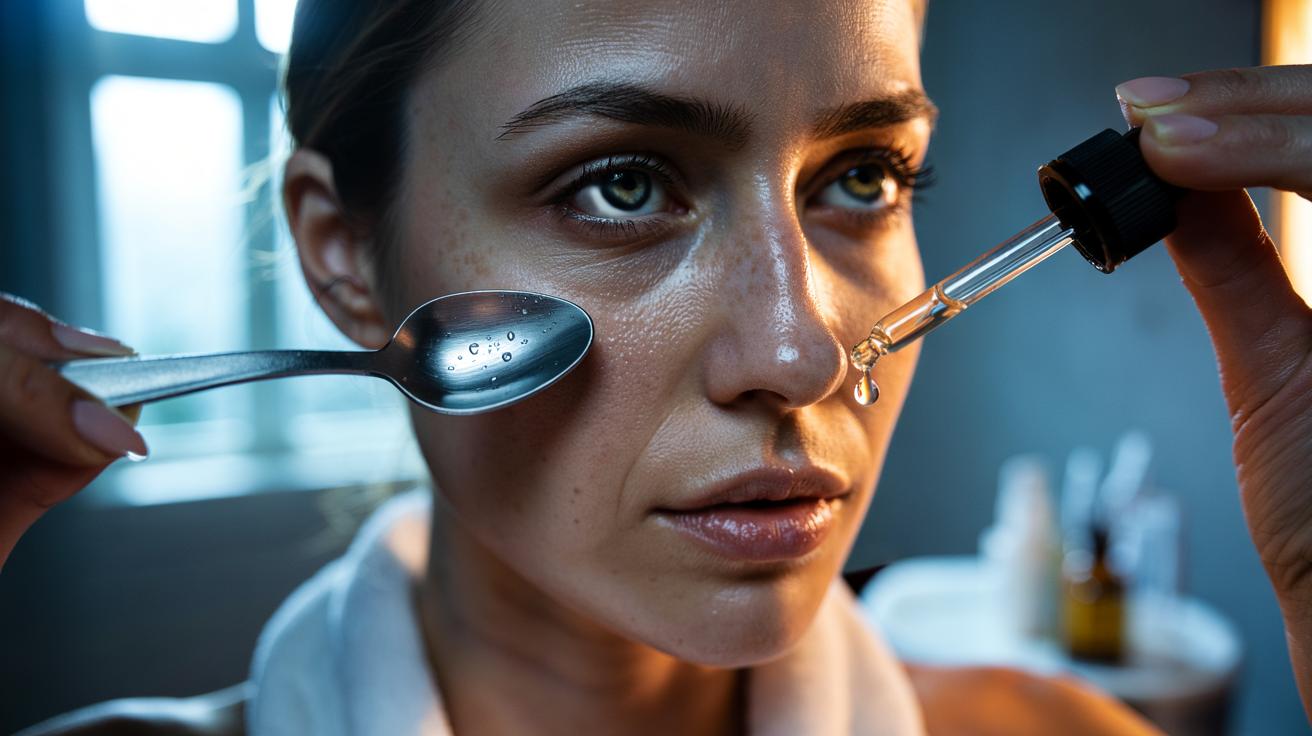 Illustration of using a cold spoon with a caffeine serum to reduce under-eye bags