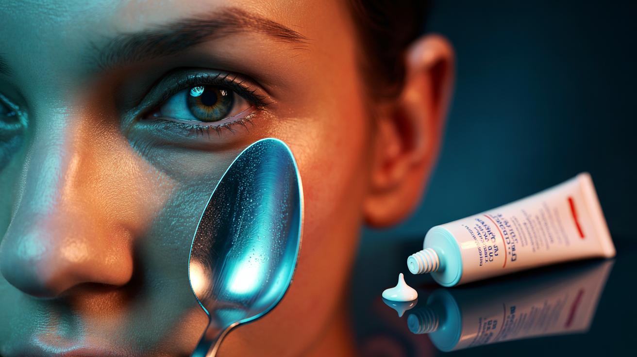 Illustration of a chilled metal spoon applied to the under-eye area beside a tube of haemorrhoid cream to reduce under-eye bags