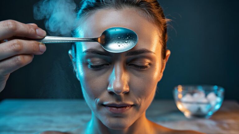 Illustration of a person holding a chilled spoon against the forehead to relax facial muscles and soften stress wrinkles