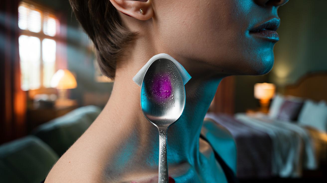 Illustration of a cold metal spoon being applied to a hickey on the neck