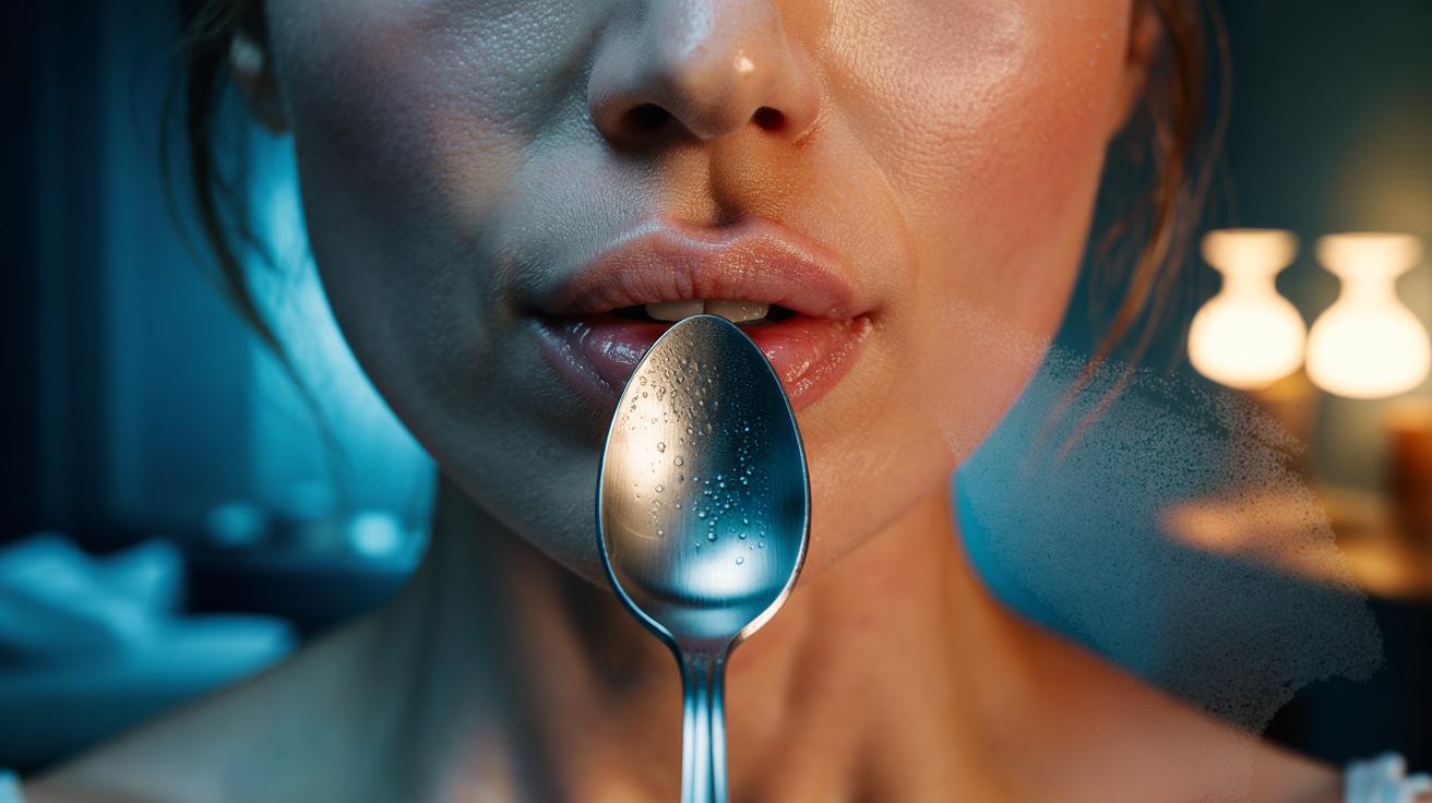 Illustration of a chilled teaspoon pressed against lips to create a temporary fuller look by boosting blood flow
