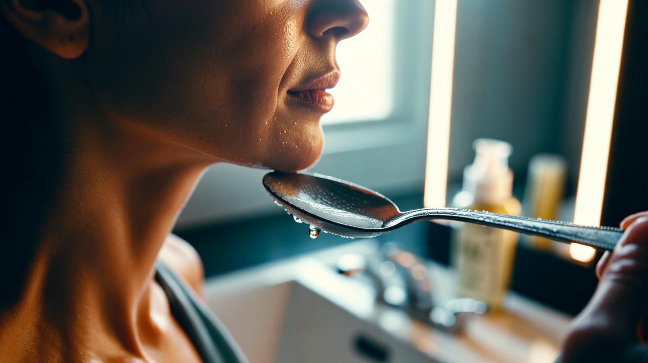 Illustration of a person using a chilled spoon on the neck under the chin to temporarily tighten skin and reduce the appearance of a double chin